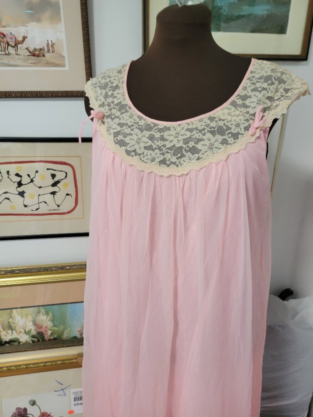 Vintage 60's Chiffon Pink and Beige Lace Trim Nightdress